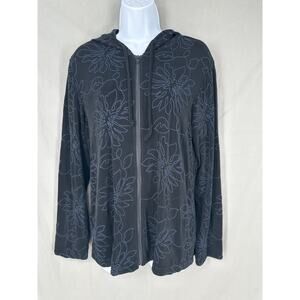 Chicos Travelers Jacket Medium Black Floral Blue Zip Hoodie Lightweight Stretch